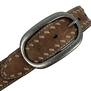 Leather Western Style Belt with woven stitch edging detail Silver Hardware small